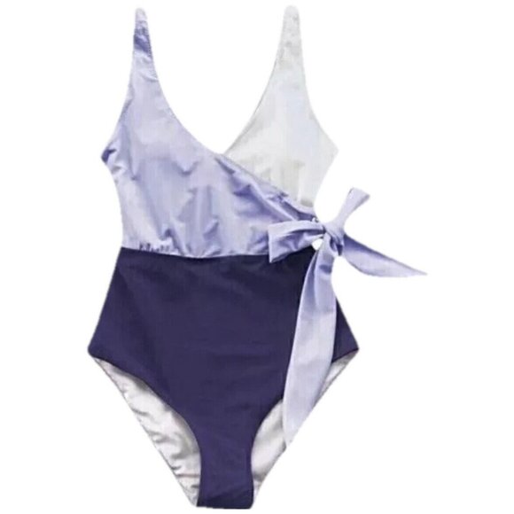 Cupshe Womens One Piece Swimsuit Medium Colorblock Wrap V-Neck Tie Purple Cheeky - Picture 5 of 9